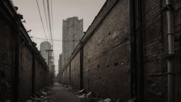 Narrow alley with brick walls, electrical lines, and a distant skyscraper under a moody sky