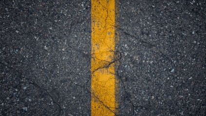 Fototapeta premium Abstract Yellow Road Line on Rough Asphalt Top View, Textured Surface