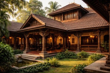 Obraz premium Classic Kerala architecture residence with detailed wood carvings and natural ventilation