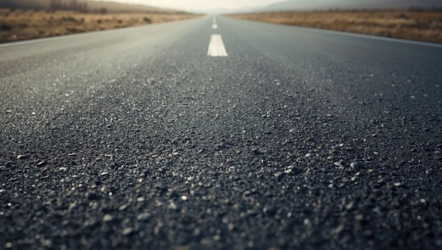 Close detailed capture of bitumen asphalt surface paired with broad road foundation scene