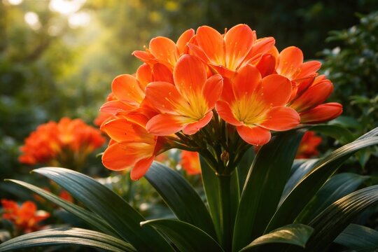 Perennial clivia lily displaying multiple vibrant orange flowers outdoors