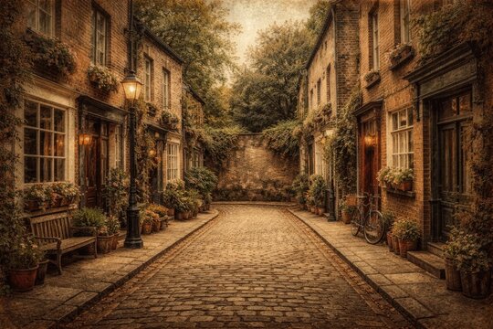 Vintage street scene showing cul de sac with textured photo effect and nostalgic tonal style suitable for design and text area