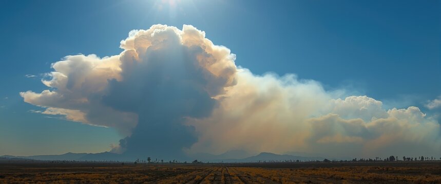 Bright sunlight illuminating wildfire smoke and towering pyrocumulus cloud