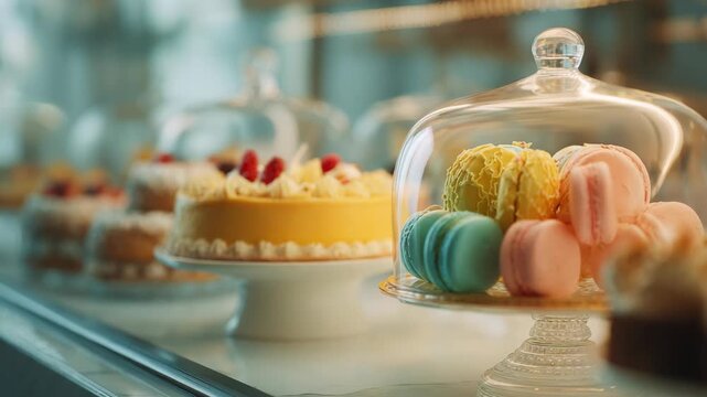 Selection of cakes and colorful macarons in bakery