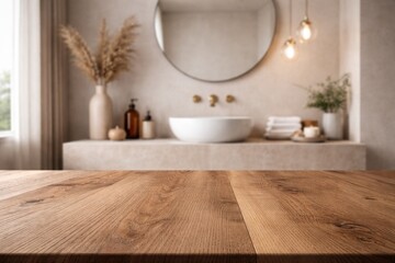 Fototapeta premium Smooth wooden table texture alongside modern bathroom decor