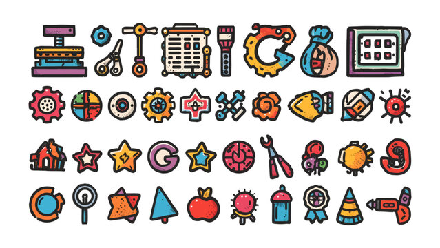 Colorful Icons Collection: A vibrant array of cartoon-style icons, featuring diverse objects and symbols, arranged in a grid for creative graphic design resources.