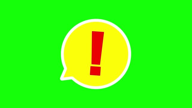 Animated exclamation alert icon speech bubble on green screeen alhpa channel. 4K