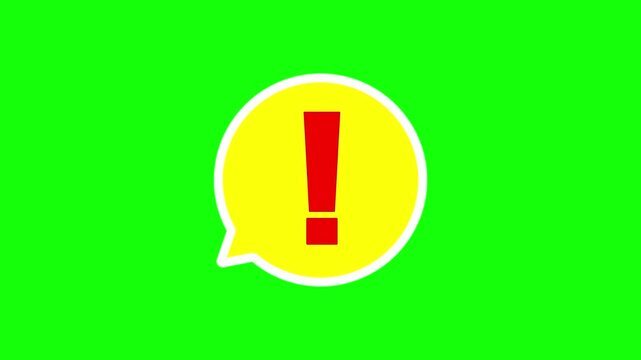 Animated exclamation alert icon speech bubble on green screeen alhpa channel. 4K