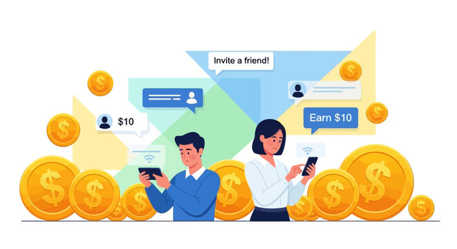 Referral program concept with people using smartphones and golden coins