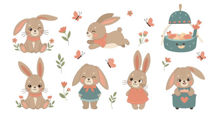 Fototapeta premium Cute Easter Bunnies with Butterflies and Flowers, Spring Celebration