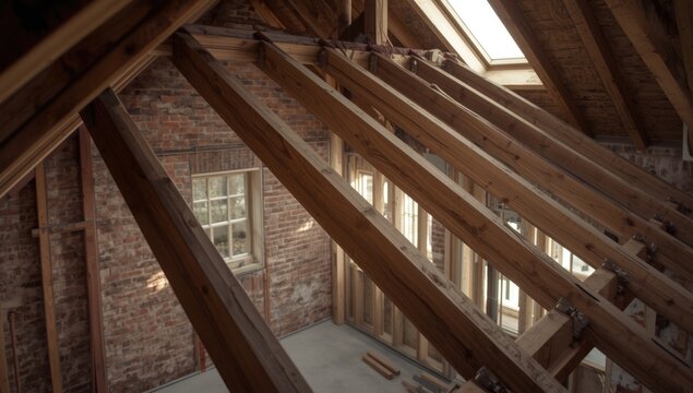 Attic loft roof construction featuring roof joists installation