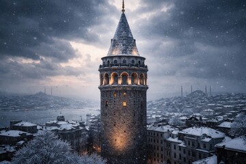 Obraz premium Snow covered Galata Tower under cold winter sky
