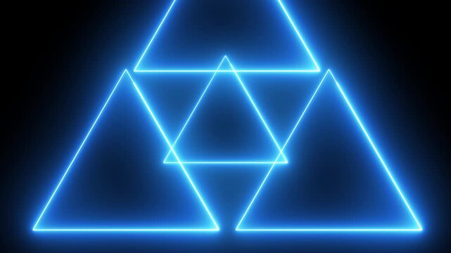 Glowing blue neon triangle shapes on dark background with futuristic geometric light design