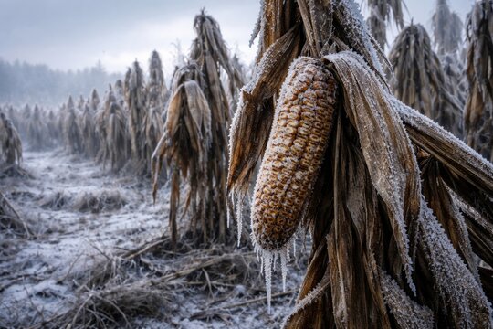Winter frost causing severe damage to corn in frozen farmland