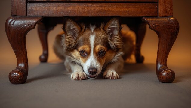 Alarmed pet dog ducking underneath furniture during fireworks displaying anxiety