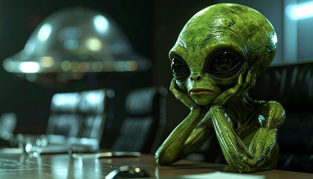 Alien in meeting: A bored alien sits at a conference table, resting its head in its hands, with a UFO in the background.