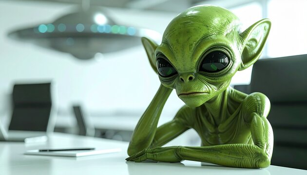 Alien in a Meeting: A curious green alien with large eyes and a thoughtful expression sits at a conference table, looking bored during an important meeting, with a UFO hovering in the background.