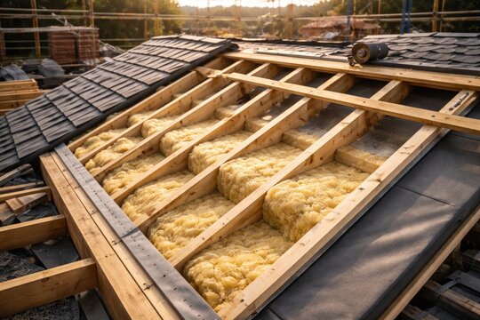 Structural components of roof alongside insulating material in construction site