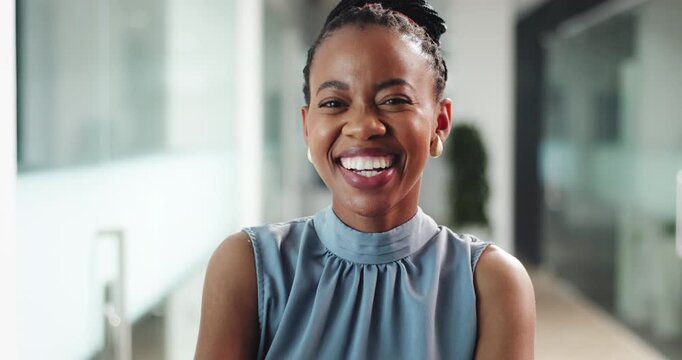 Face, black woman or project manager with smile in office, confident or corporate career in hallway. Portrait, quality assurance or happy director with job opportunity, resource management or pride
