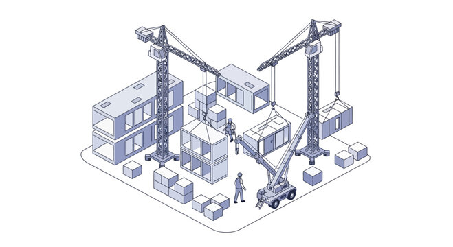 Modular construction site with cranes assembling prefabricated building modules
