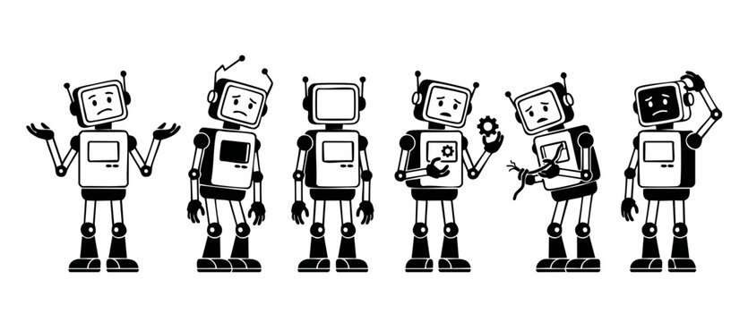 Sad robot error vector illustration set showing broken machines, system failure, offline tech support, and computer glitch character pack in a minimalist black and white flat cartoon icon style.
