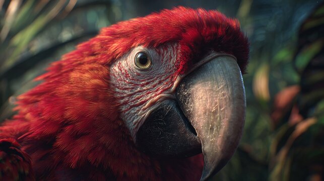 Vibrant Scarlet Macaw Parrot in Lush Tropical Rainforest Closeup.