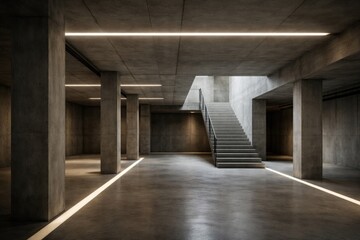 Naklejka premium Minimalist basement space with concrete structural columns stairs and ceiling featuring illuminated pathways and industrial fixtures