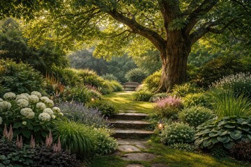 Fototapeta premium Peaceful garden scene highlighting a stately walnut tree and rich plant life