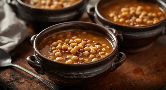 Ceramic bowls filled with hearty split pea soup served hot