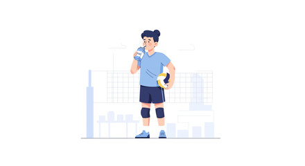 Obraz premium Volleyball player drinking water after game, holding ball, wearing knee pads