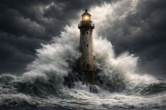 Tall lighthouse resisting fierce wave impact under dark clouds