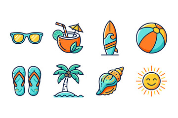 Fototapeta premium Summer Vacation Icon Set with Beach Objects and Tropical Elements