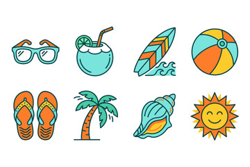 Obraz premium Summer Vacation Icon Set with Beach Objects and Tropical Elements