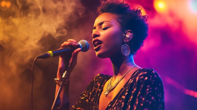 Young female singer is performing live music on stage, holding a microphone and singing with colorful stage lights and smoke in the background