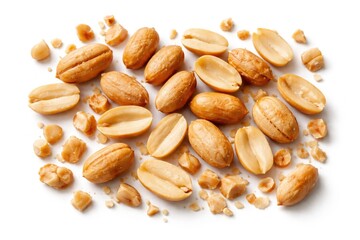 Fototapeta premium Roasted peanut fragments and whole nuts arranged on a pristine white background for snack visuals