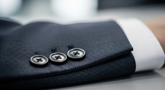 Close-up of dark blue tailored suit jacket with buttons