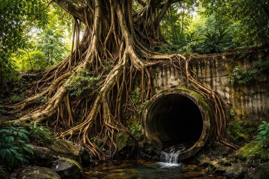 Vibrant ficus trees and roots spreading over an aged drainage pipe and concrete wall