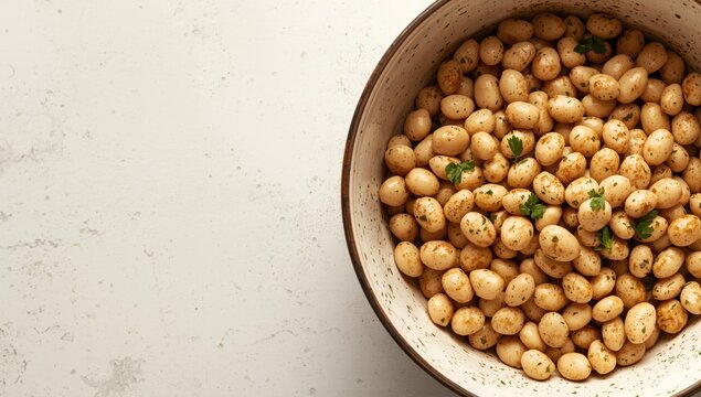Cracked Cannellini Beans with Oil and Herbs in Bowl Angled View, Light Background, Copy Space