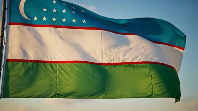 Uzbekistan flag waving in sky