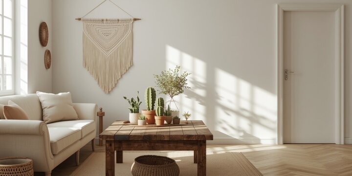 Airy spring kitchen scene with light beige sofa vintage fridge rustic table cactus plants and decorative macrame wall hanging plus copyspace area