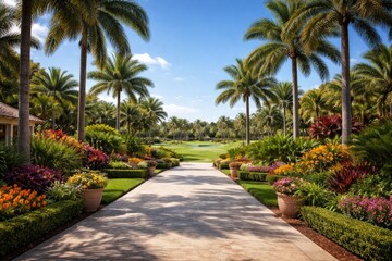 Fototapeta premium Wide pathway through a country club garden toward an expansive park with palms and vibrant tropical foliage under blue sky