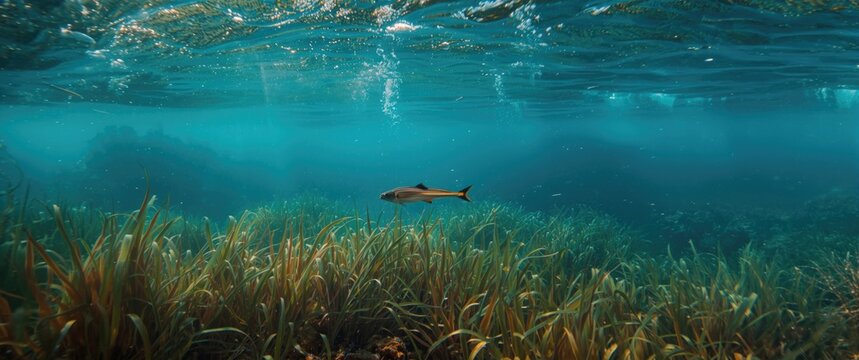Clear water underwater with flourishing seagrass and Sarpa salpa fish and copyspace for text