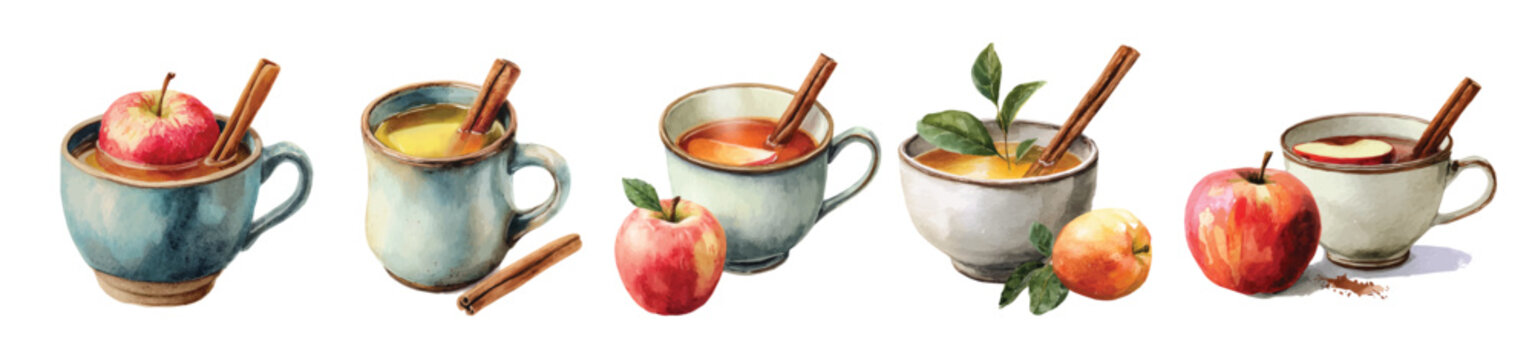 Vector set. Illustration of apple cider cup with cinnamon painting design set, Hand-painted style, vectorized, vector set available in EPS, Simple Hand-painted watercolor style