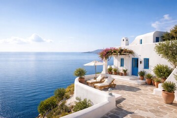 Obraz premium Bright white Mediterranean house overlooking calm sea with ample copy space