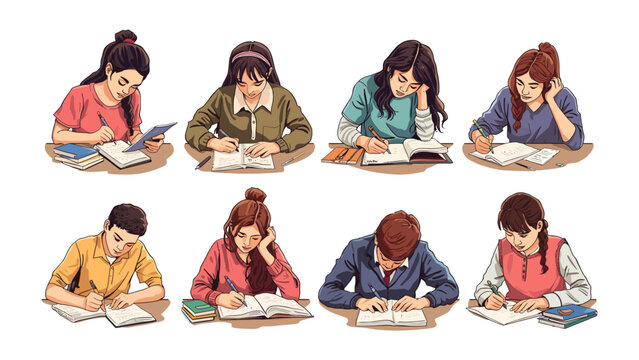 Student Studying Concentratedly: A group of diverse students, some looking stressed, sit at desks diligently studying and writing in their notebooks.