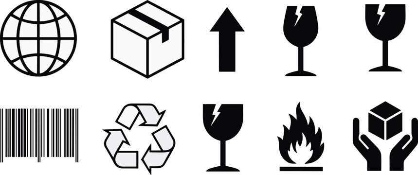 Packaging and shipping symbol illustration set with fragile, flammable, recycling, barcode, and handling icons for logistics design