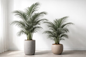 Fototapeta premium Houseplant Grey Kentia Palm Tree displayed in containers with white backdrop