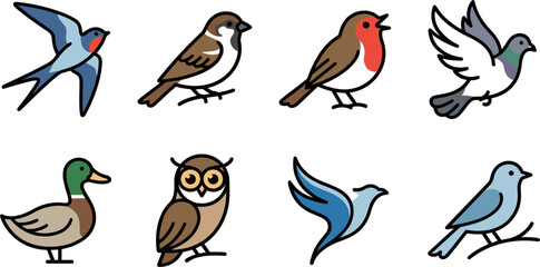 Estores personalizados com sua foto Cute Bird Icon Set with Colorful Flat Vector Illustrations of Swallow Sparrow Robin Pigeon Duck Owl and Bluebird Symbols for Children Graphic Designs