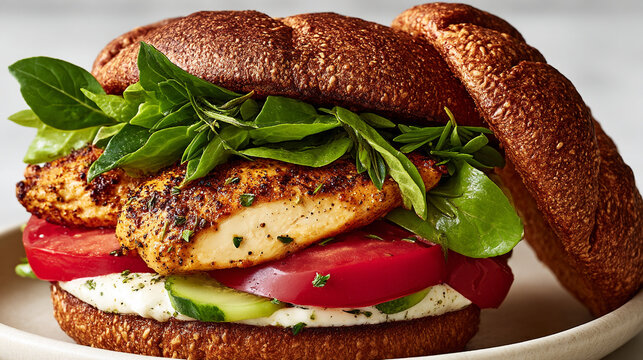 Fresh chicken sandwich with tomato cucumber and greens on toasted multigrain bun