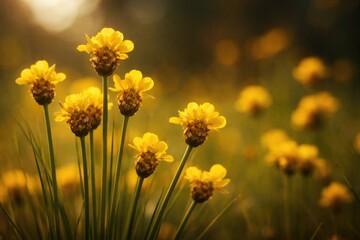 Fototapeta premium Yellow Xyridaceae flowers highlighted against blurred natural background